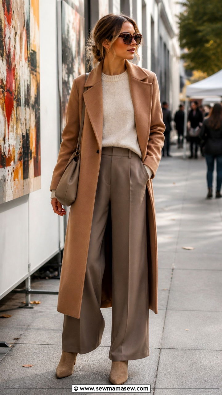 Long Wool Coat Over Neutral Base Outfit - 20 Art show outfit ideas