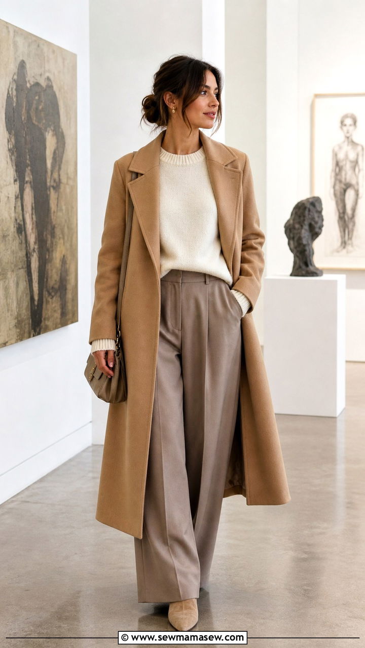 Long Wool Coat Over a Cream Cashmere Sweater and Wide Leg Trousers - 20 Art gallery opening outfit ideas