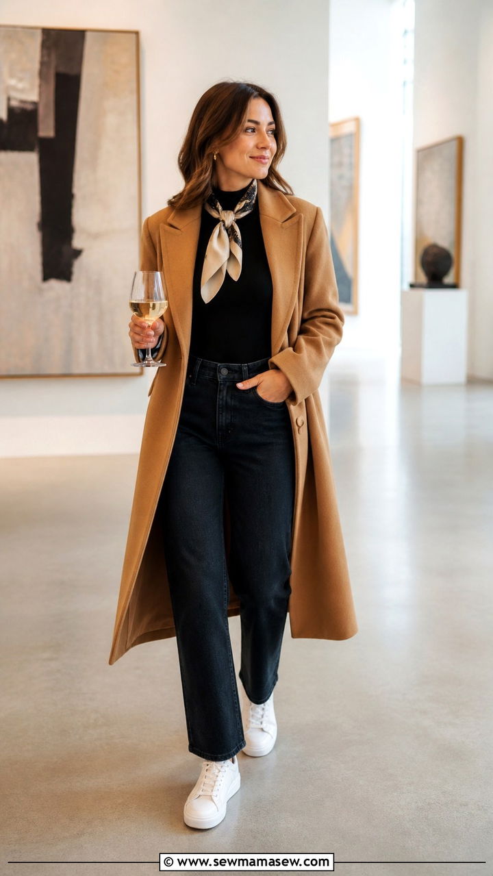 Long Wool Coat Over a Dark Denim and Silk Scarf Ensemble - 20 Art gallery opening outfit ideas