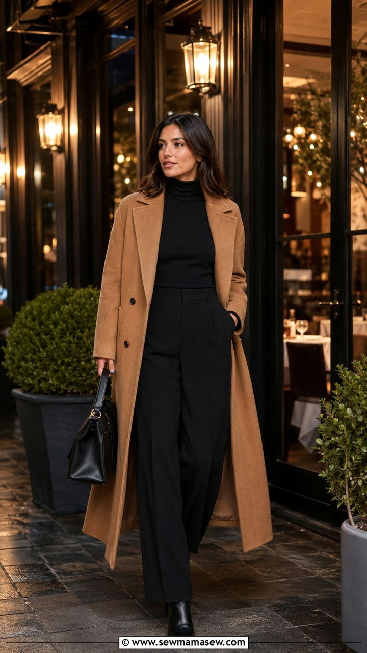 Long Wool Coat With A Turtleneck And Wide Leg Trousers - 25 seasonal dinner outfit ideas
