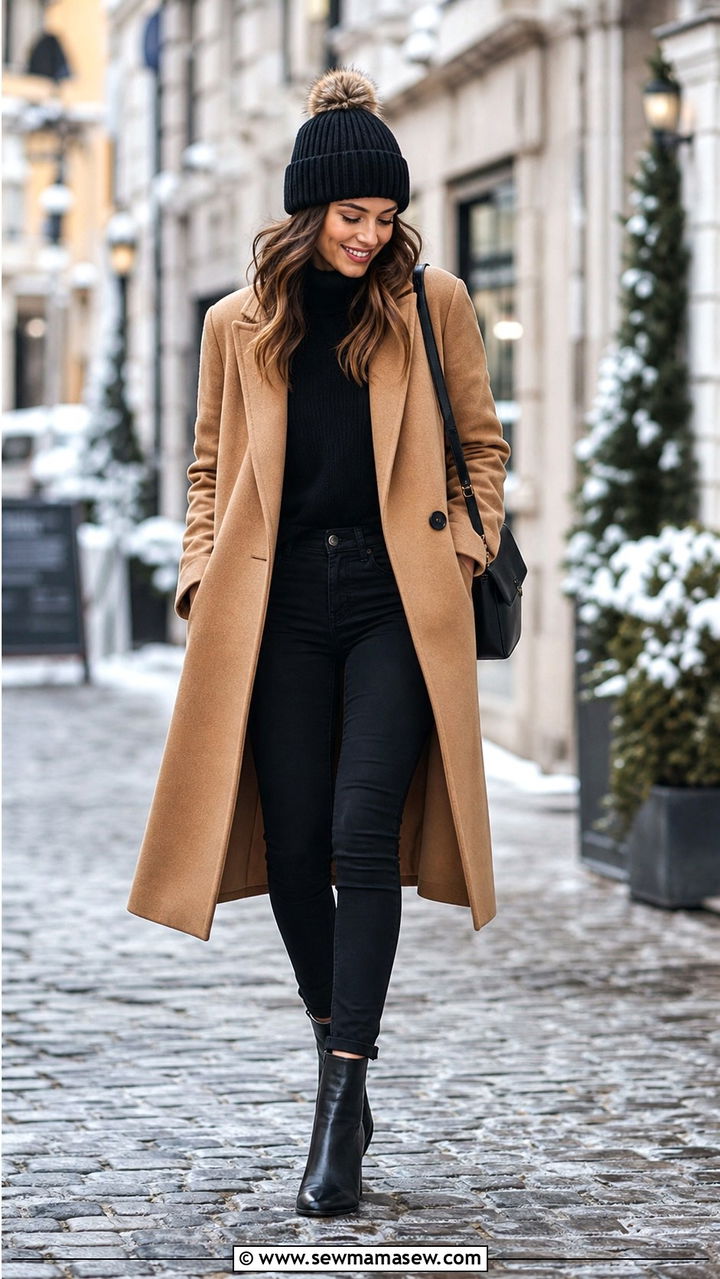 Long Wool Coat With Black Jeans And Beanie - 40 What to wear in Amsterdam