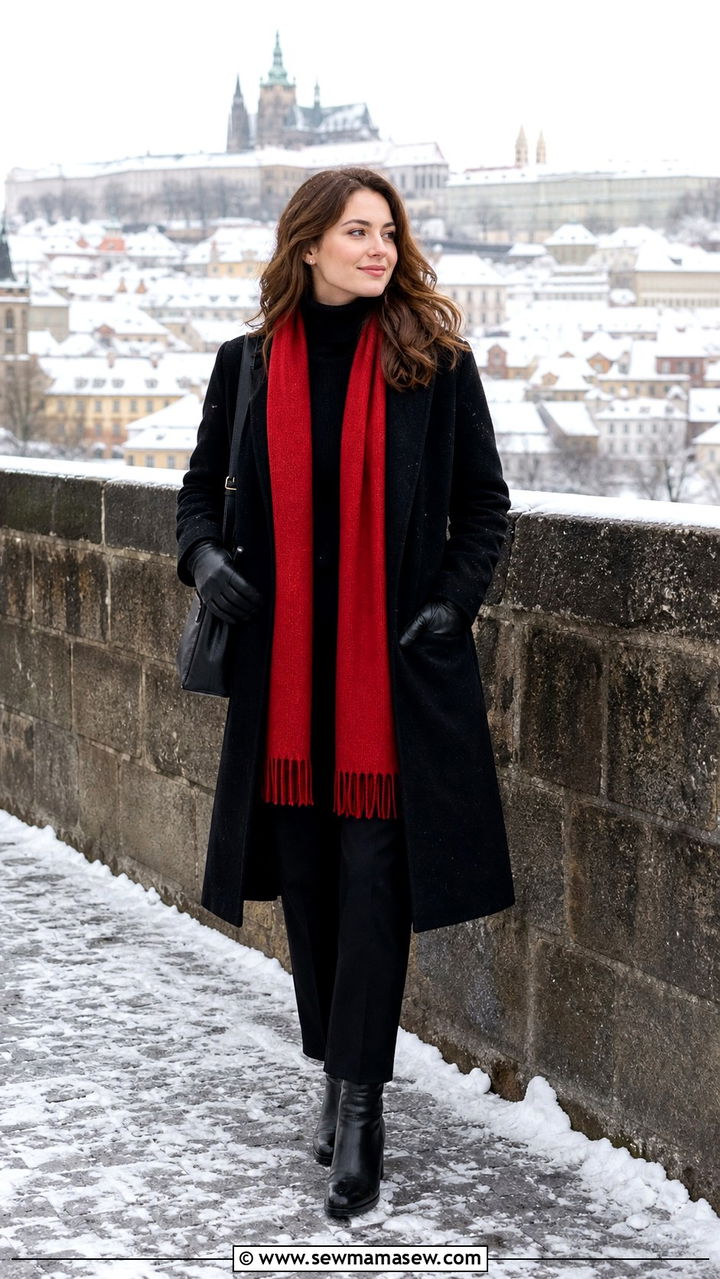 Long Wool Coat With Colorful Scarf And Ankle Boots For Prague Winter - 40 What to wear in Prague