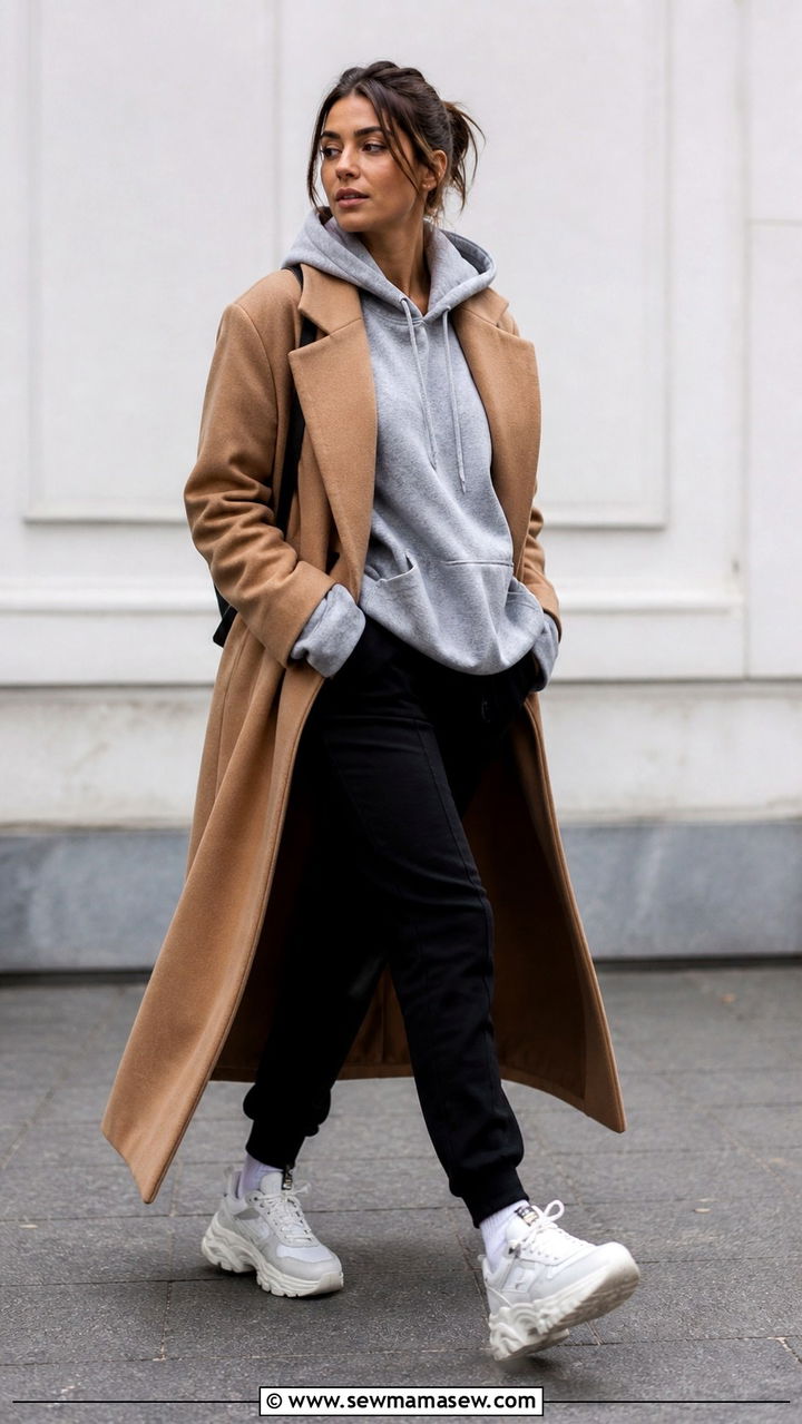 Long Wool Coat With Hoodie And Chunky Sneakers - 40 cute sneaker outfits