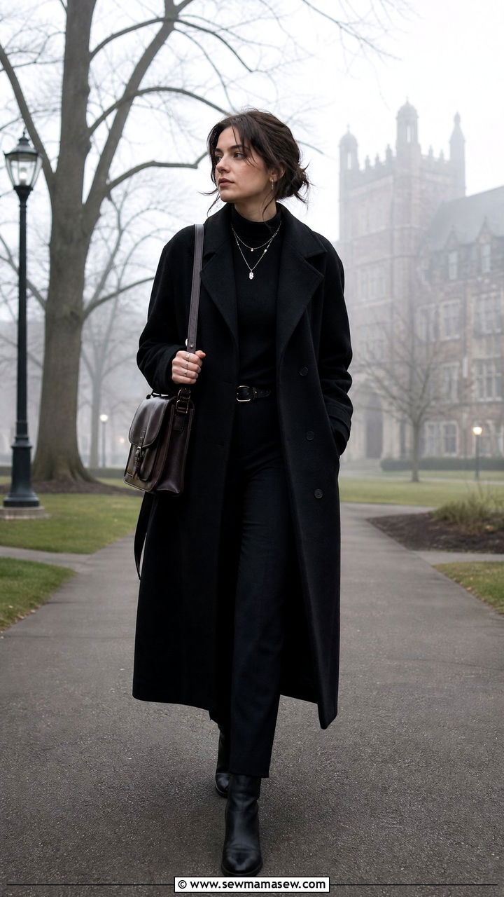 Long Wool Coat With Monochrome Black Outfit - 30 Dark academia spring outfits