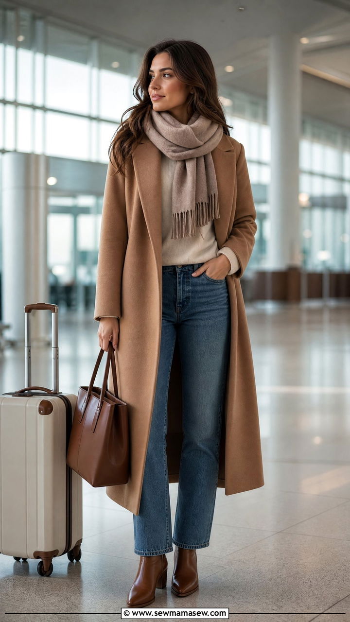 Long Wool Coat With Straight Leg Jeans Outfit - 30 Elegant airport outfit ideas