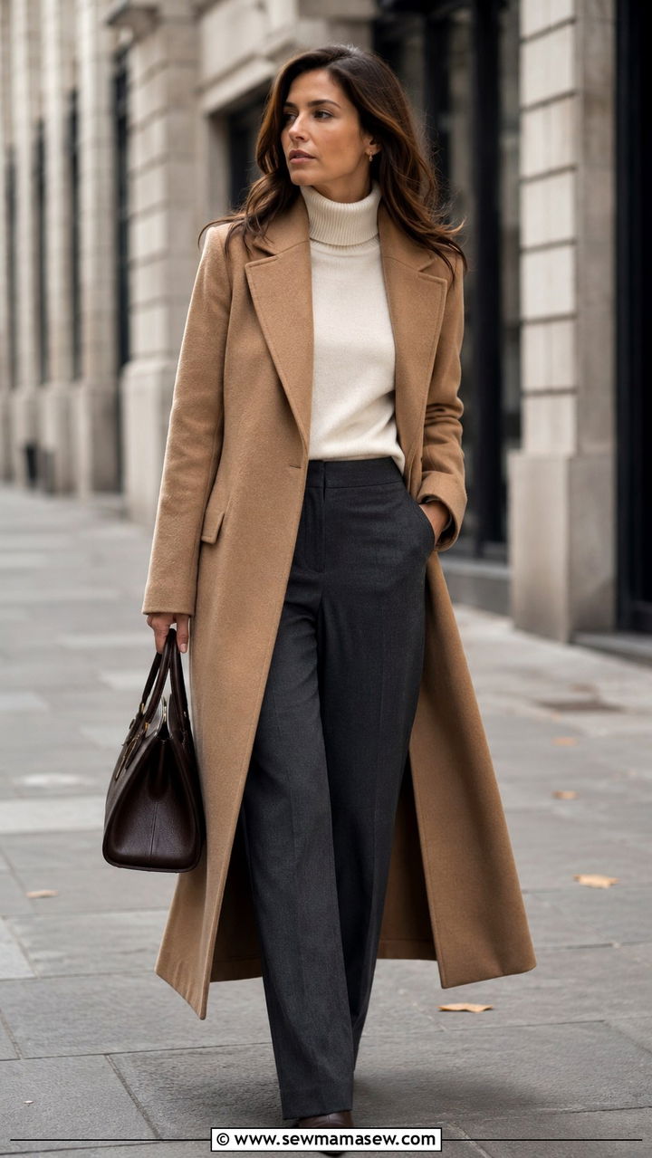 Long Wool Coat With Turtleneck And StraightLeg Trousers Outfit - 25 work outfits for modest women