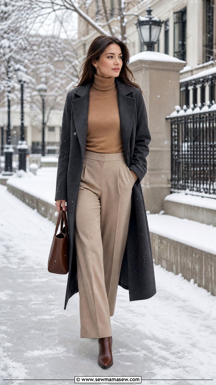 Long Wool Coat With Turtleneck And Wide Leg Pants - 30 modest classy outfits for women