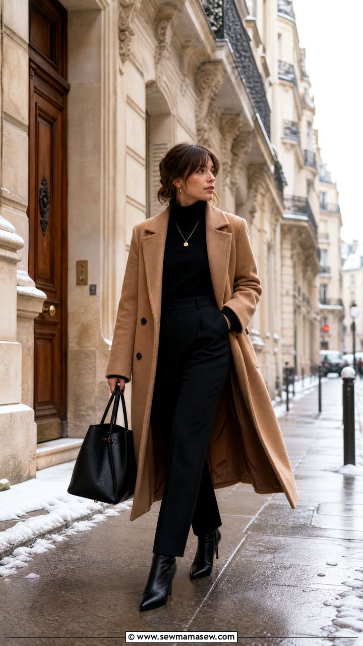Long Wool Coat With Turtleneck and Black Trousers - 30 French girl outfit ideas petite