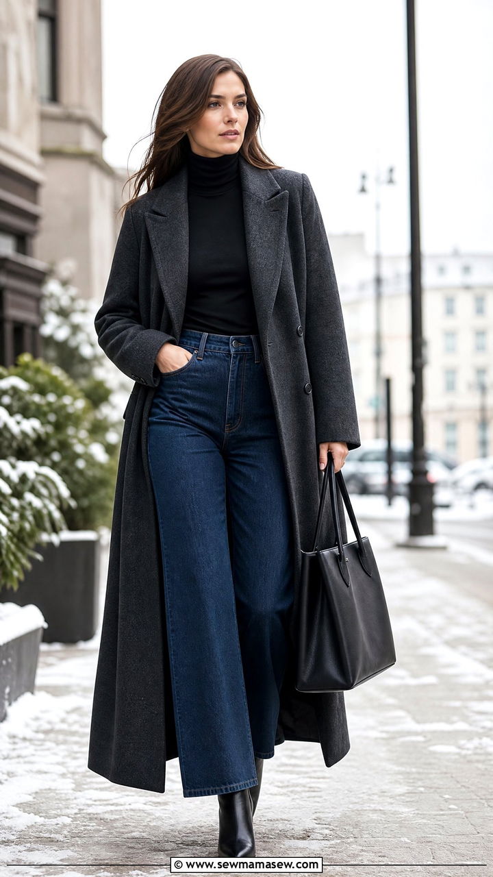 Long Wool Coat With Turtleneck and Wide Leg Jeans - 40 French girl outfits ideas