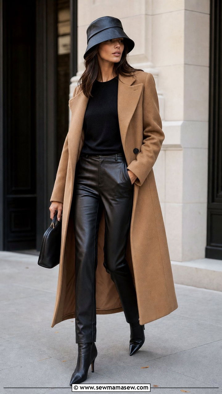 Long Wool Coat and Leather Pants - 35 Bucket hat outfit ideas