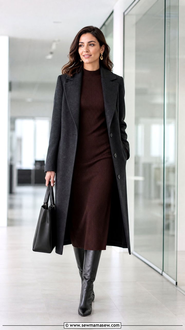 Long Wool Coat and Midi Dress Combo - 30 Dark academia work outfits