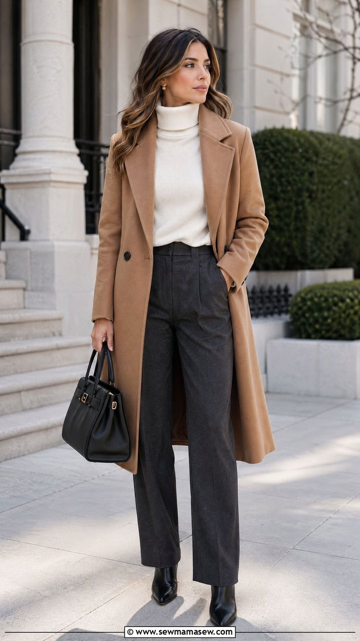Long Wool Coat and Turtleneck with Tailored Trousers and Boots - 35 errands outfits for women
