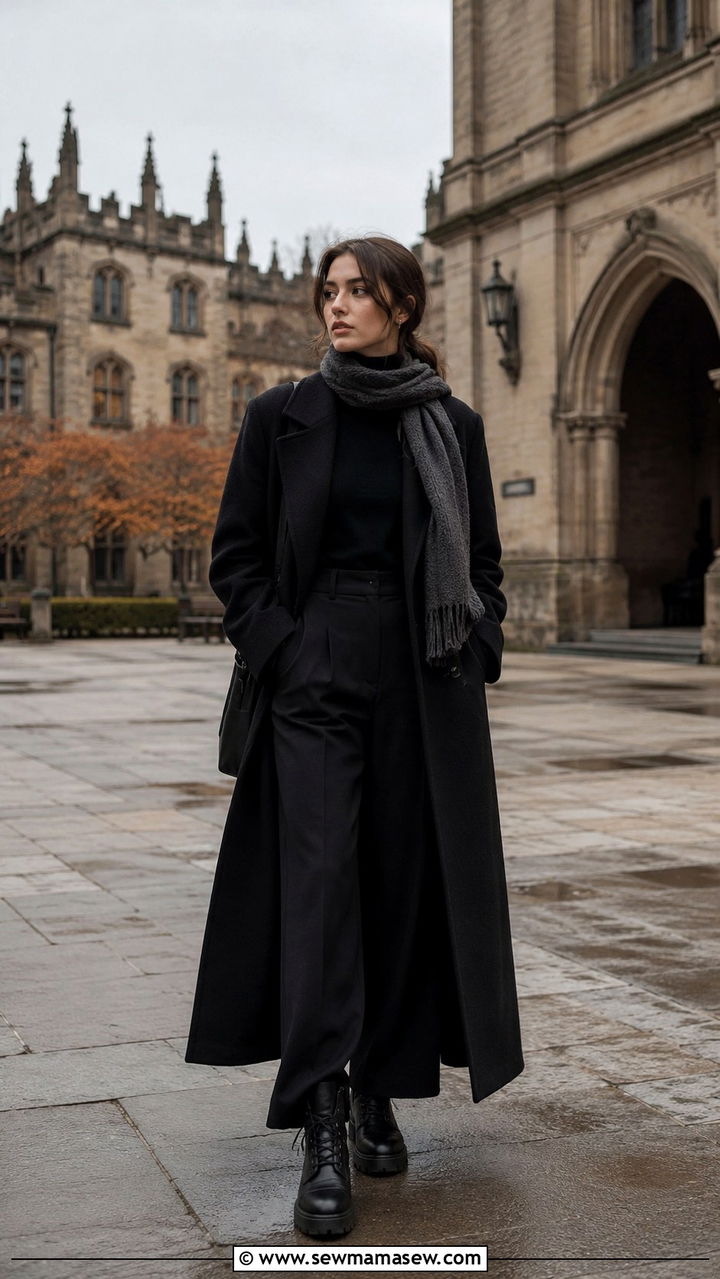 Long Wool Coat with Black Turtleneck and Wide Leg Trousers - 20 dark academia outfits to copy