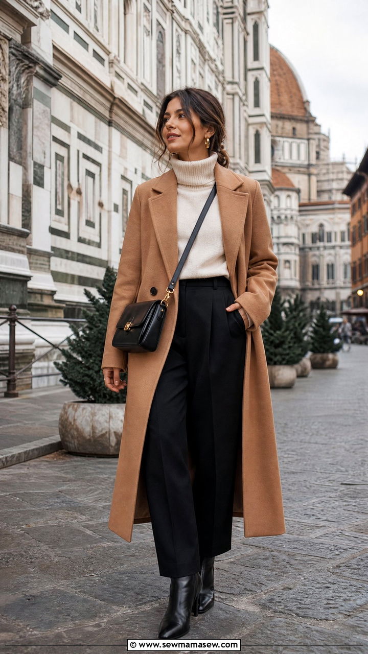 Long Wool Coat with Cashmere Turtleneck - 25 classy Italy outfits