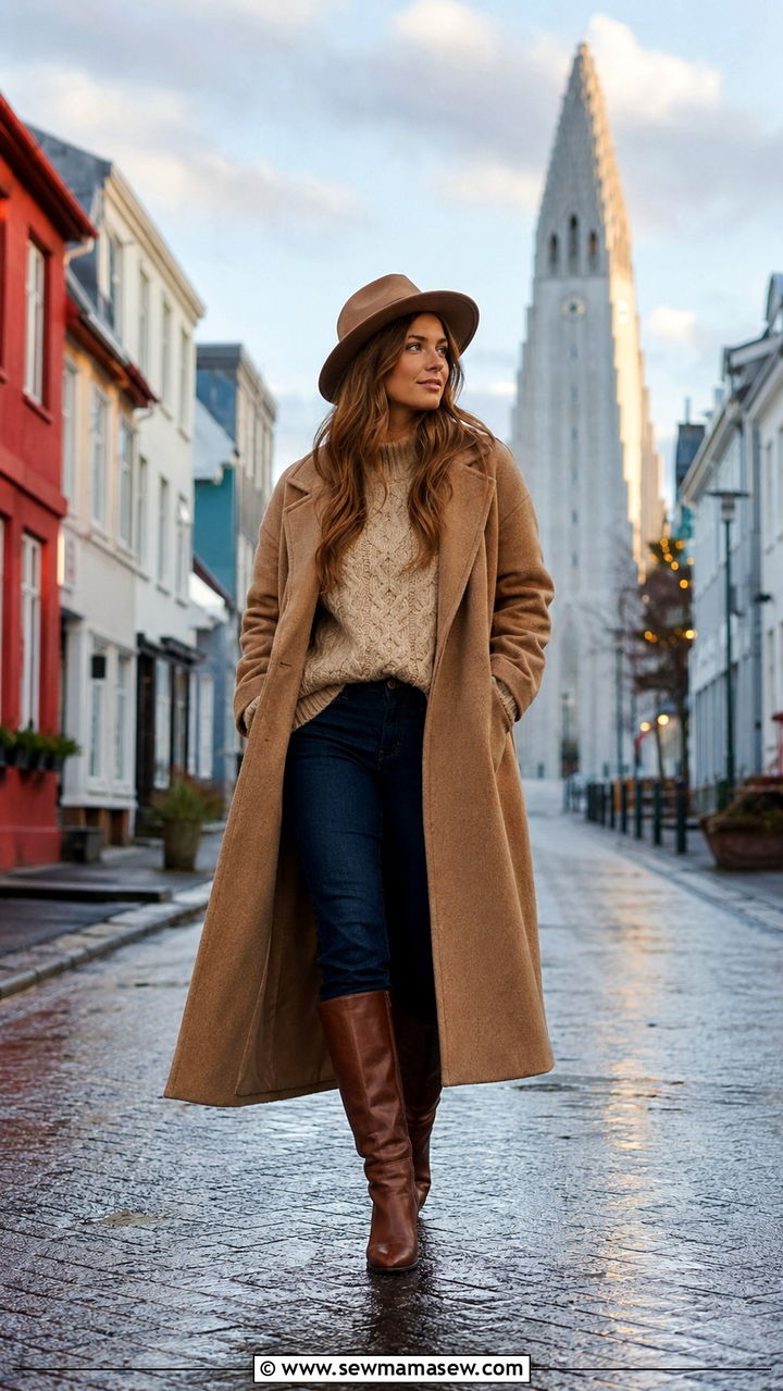 Long Wool Coat with Chunky Sweater and Dark Denim - 30 Iceland outfit ideas