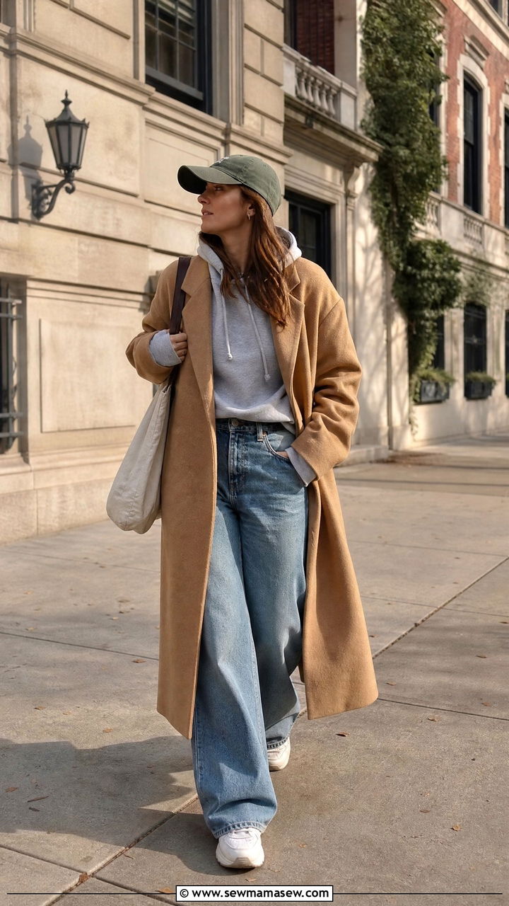 Long Wool Coat with Hoodie and Wide Leg Jeans - 35 Long coat outfit ideas