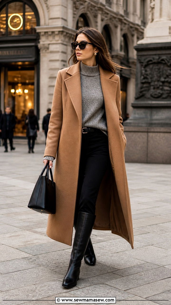 Long Wool Coat with Knee High Boots - 40 Milan outfit ideas