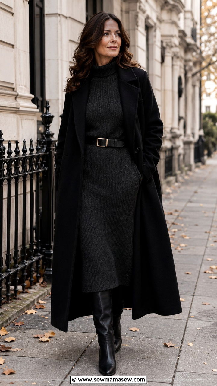 Long Wool Coat with Knit Dress and Knee High Boots - 20 dark academia outfit ideas for women over 40