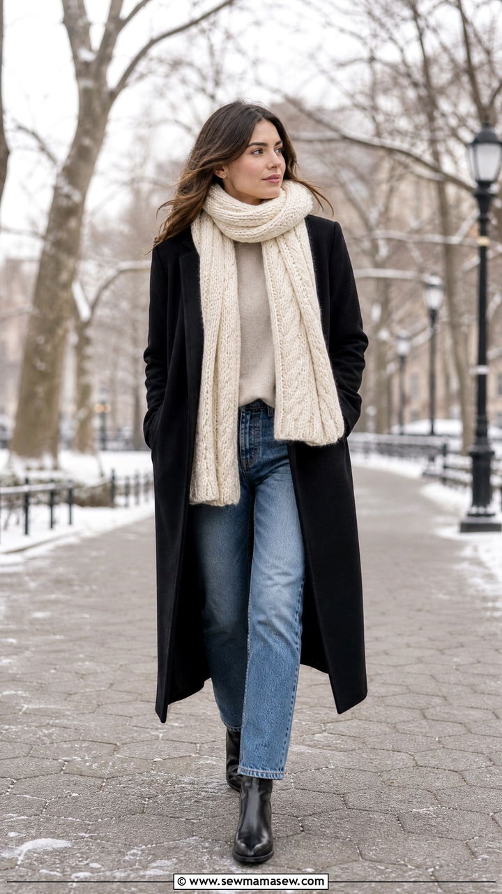 Long Wool Coat with Scarf and Ankle Boots - 35 Long coat outfit ideas