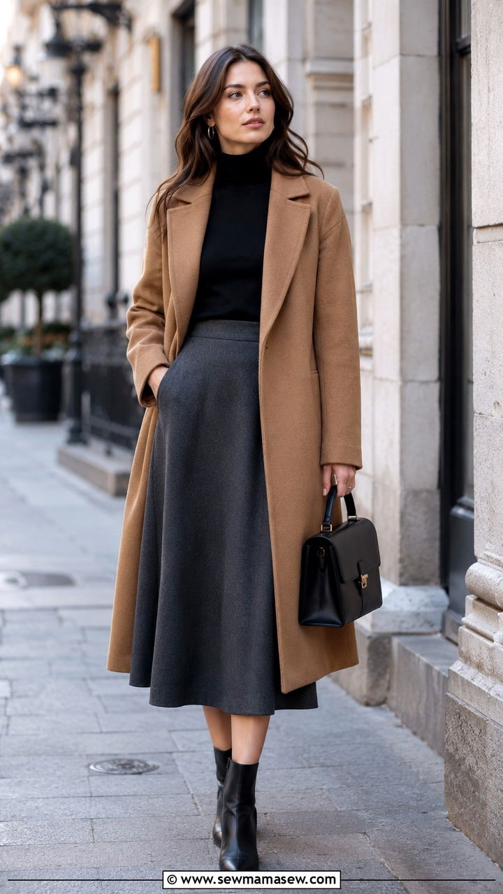 Long Wool Coat with Turtleneck and Midi Skirt - 30 Modest outfit ideas 2026