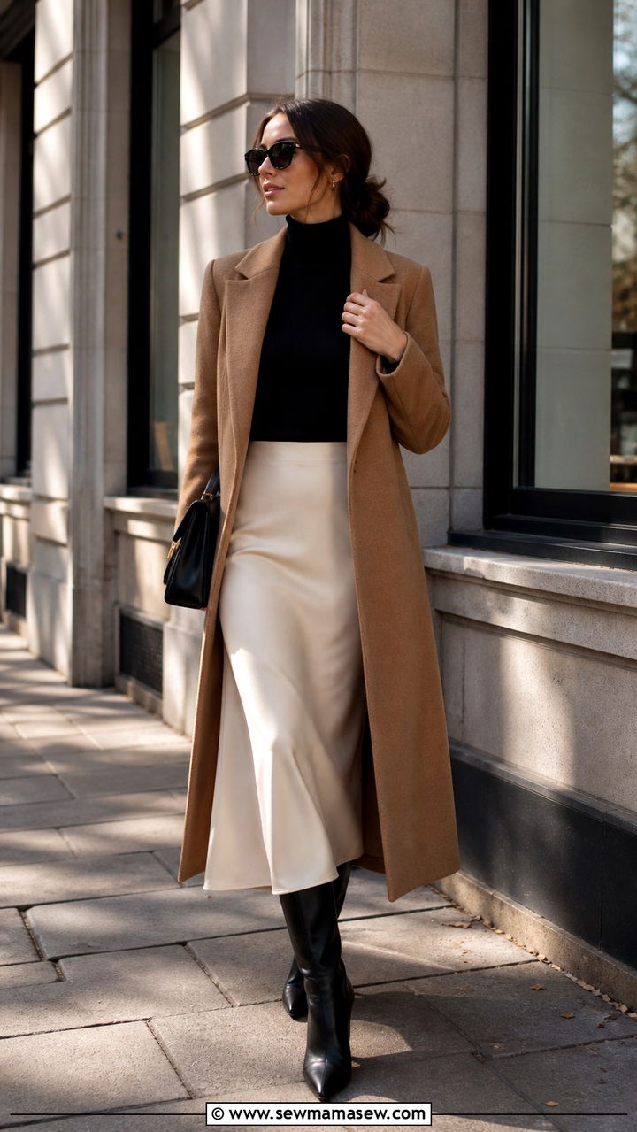 Long Wool Coat with Turtleneck and Midi Skirt - 40 jacket outfits for women