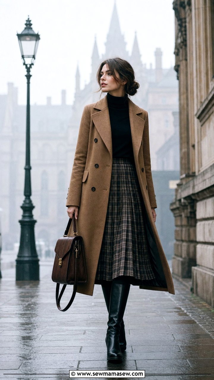 Long Wool Coat with Turtleneck and Pleated Midi Skirt - 25 cute dark academia outfits