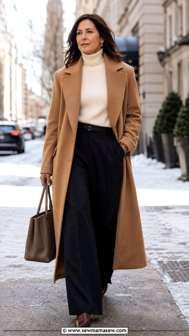 Long Wool Coat with Wide Leg Pants - 25 Outfit ideas for pear shape over 40