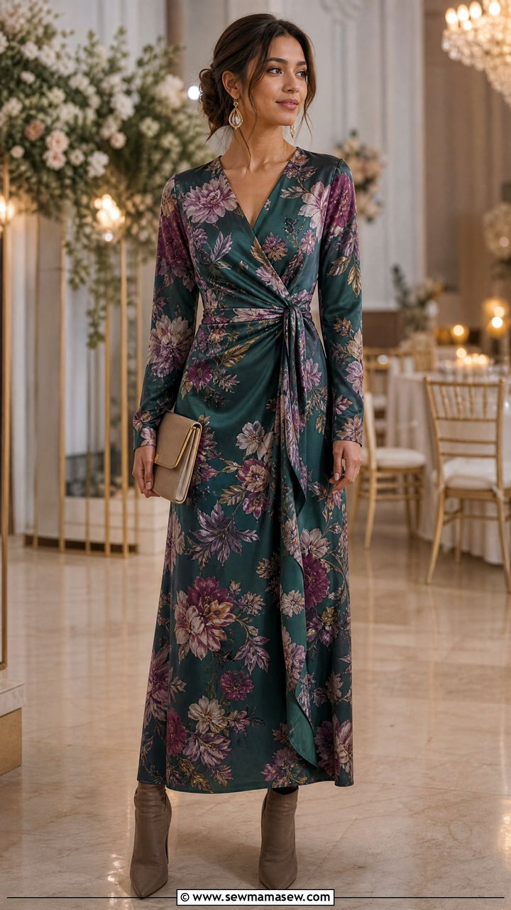 Long Wrap Dress With Heeled Boots - 30 modest classy outfits for women
