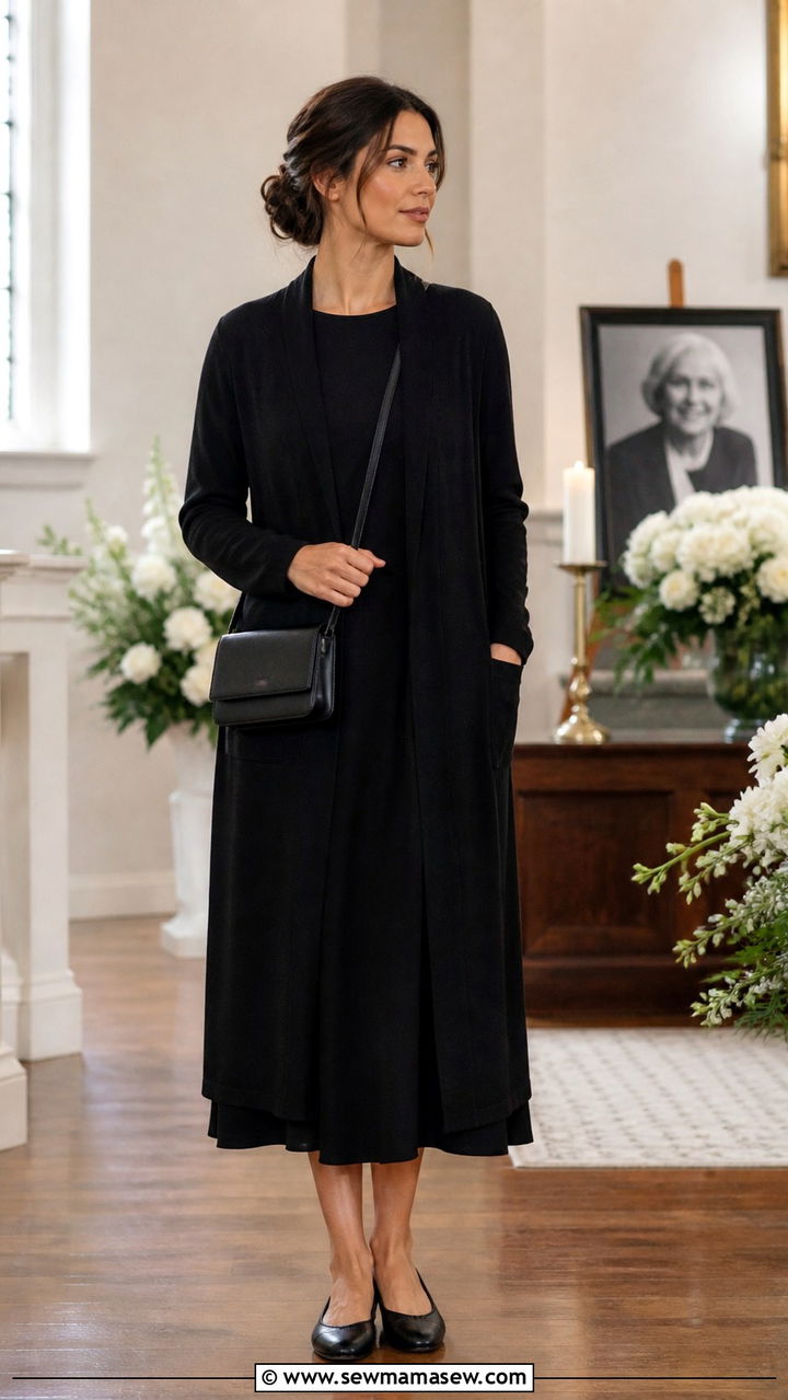 Long black cardigan over midi dress funeral outfit - 40 Funeral outfit ideas