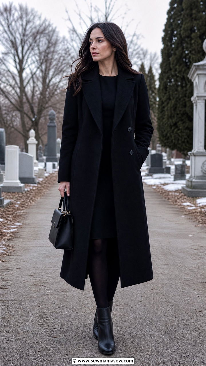Long black dress coat over dark dress funeral outfit - 40 Funeral outfit ideas