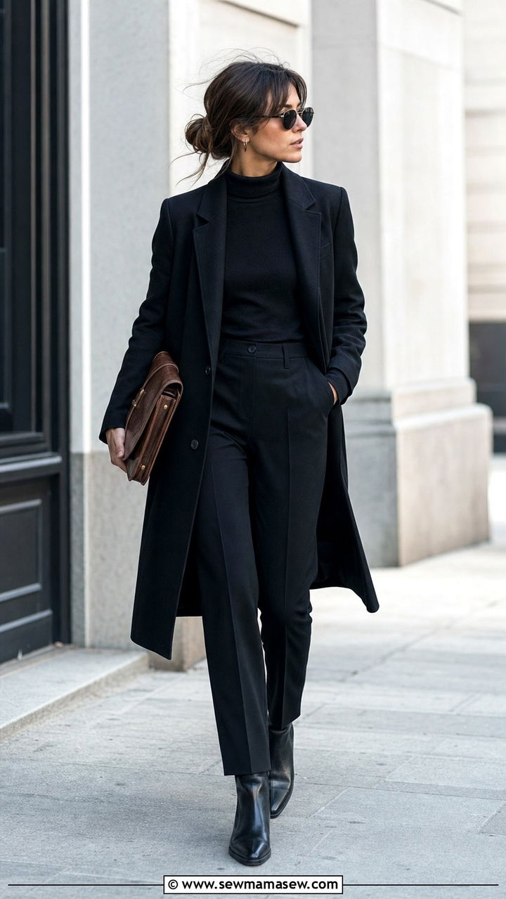 Long black overcoat with fitted turtleneck and trousers - 25 dark academia outfits inspo
