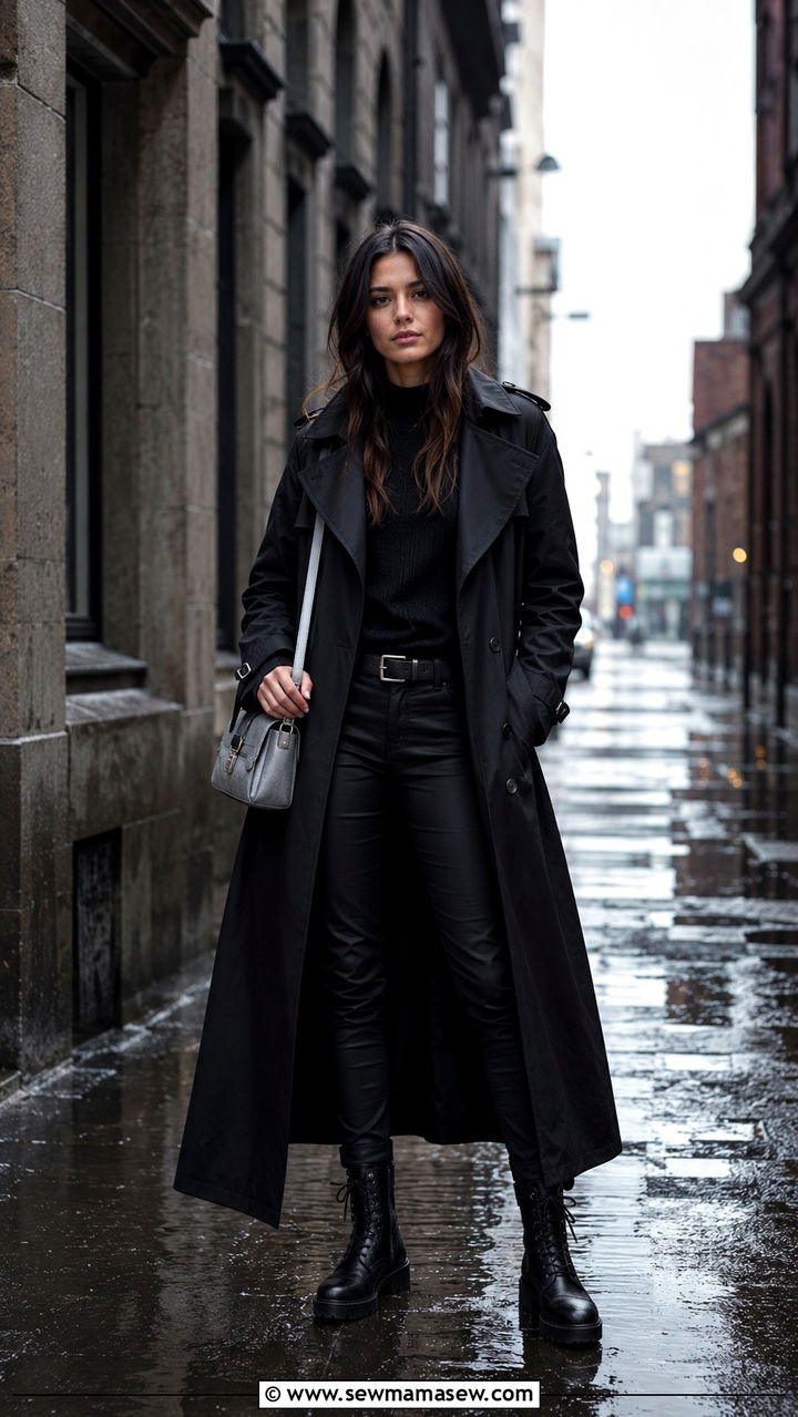 Long black trench coat with all black layers and combat boots - 30 Long trench coat outfit ideas for rain