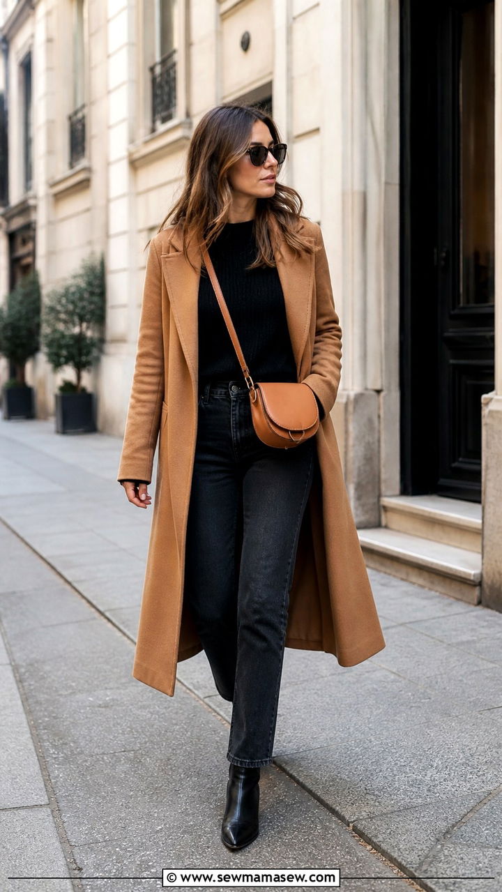 Long camel coat with black knit top and straight leg jeans - 40 travel outfits