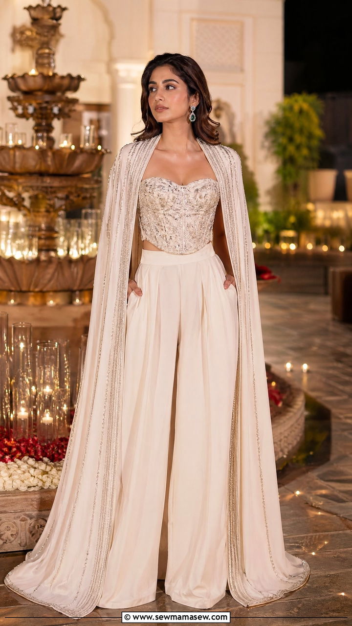 Long cape with wide palazzo pants and bustier - 35 Diwali party outfit ideas