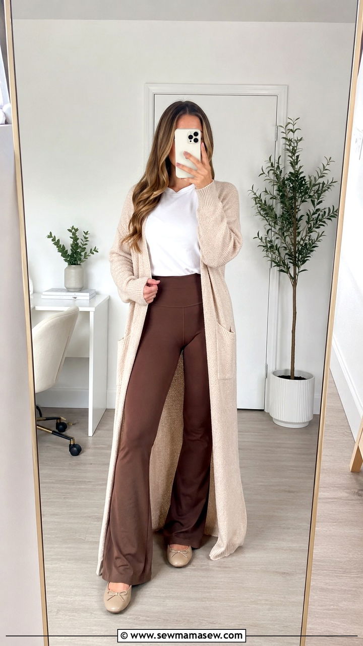 Long cardigan and flare leggings - 30 Cute work from home outfits