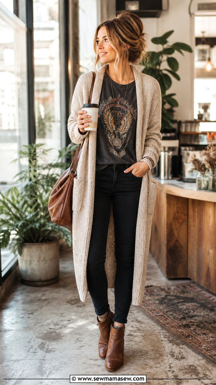 Long cardigan and graphic tee with skinny jeans and boots - 40 What to wear in Nashville