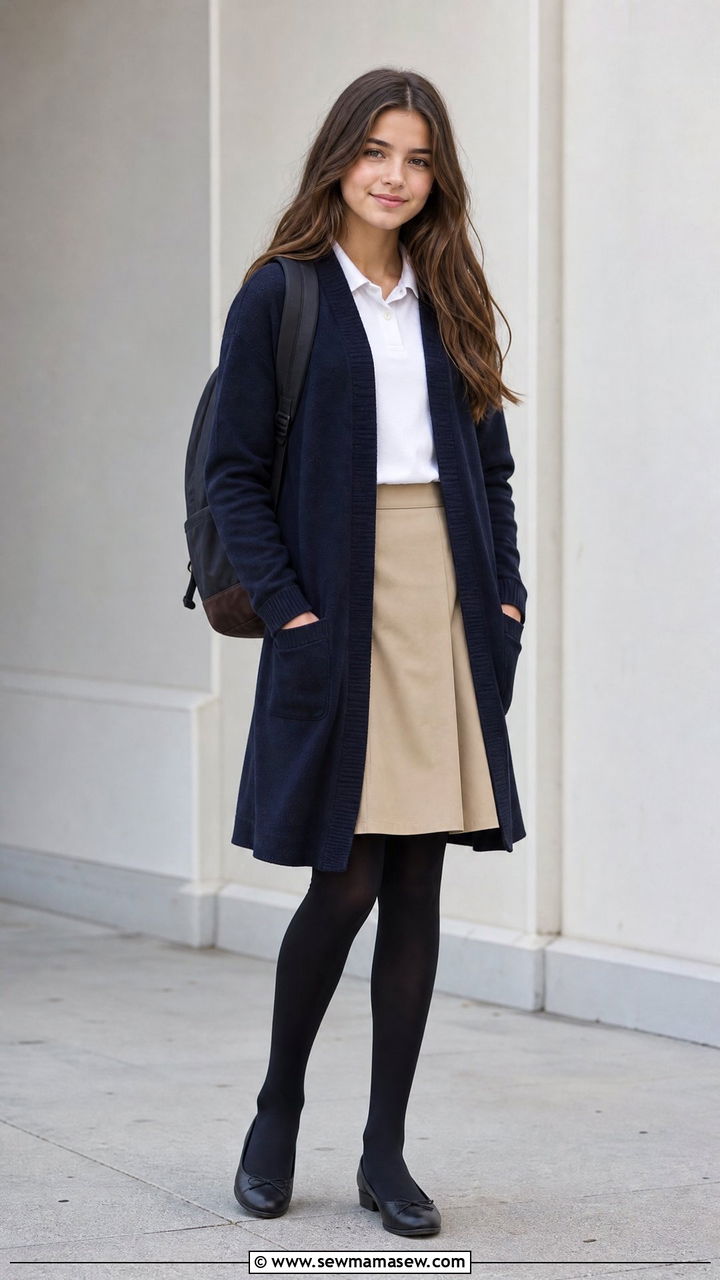 Long cardigan and midi skirt with flats - 25 Catholic school outfit ideas teens