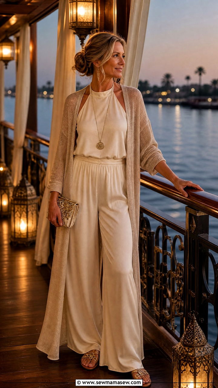 Long cardigan and palazzo pants Egypt evening - 30 Egypt vacation outfit ideas modest