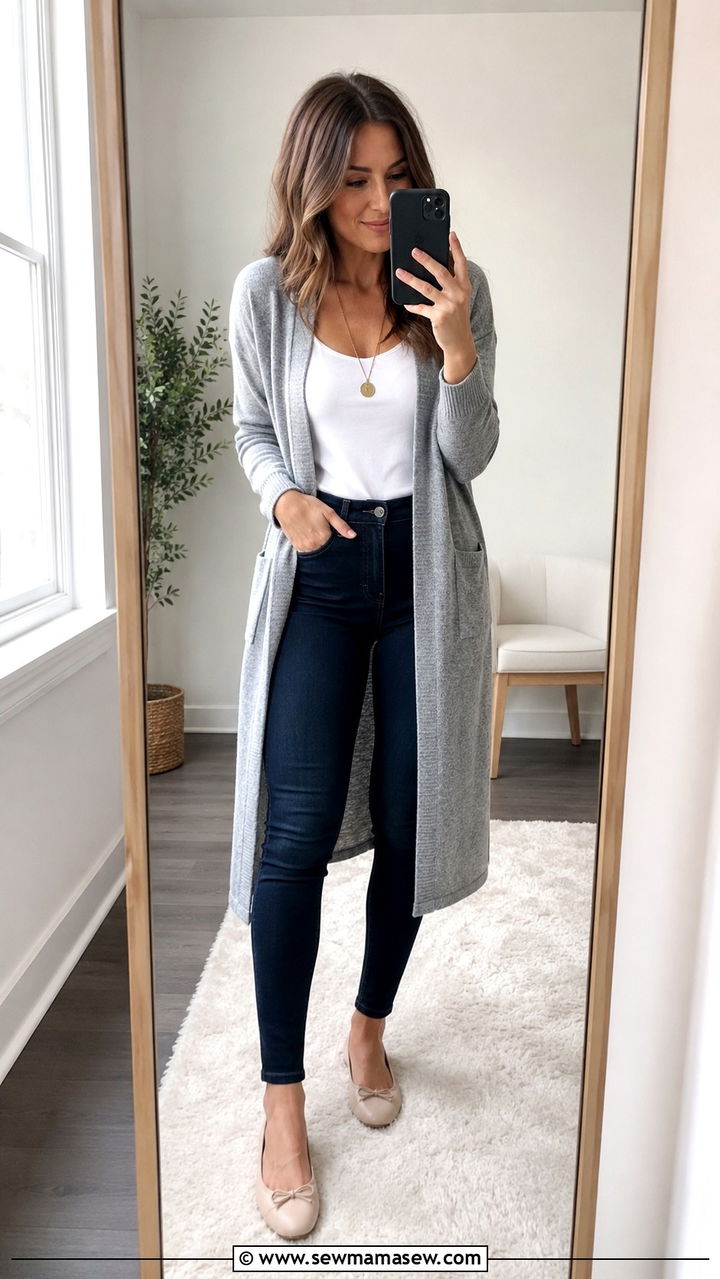 Long cardigan and skinny jeans outfit - 30 outfit ideas for rectangle body shape