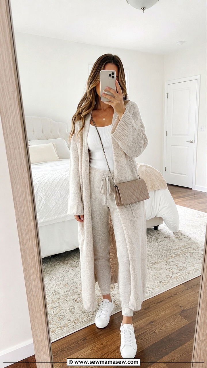 Long cardigan and tank with joggers outfit - 30 spring college outfit ideas
