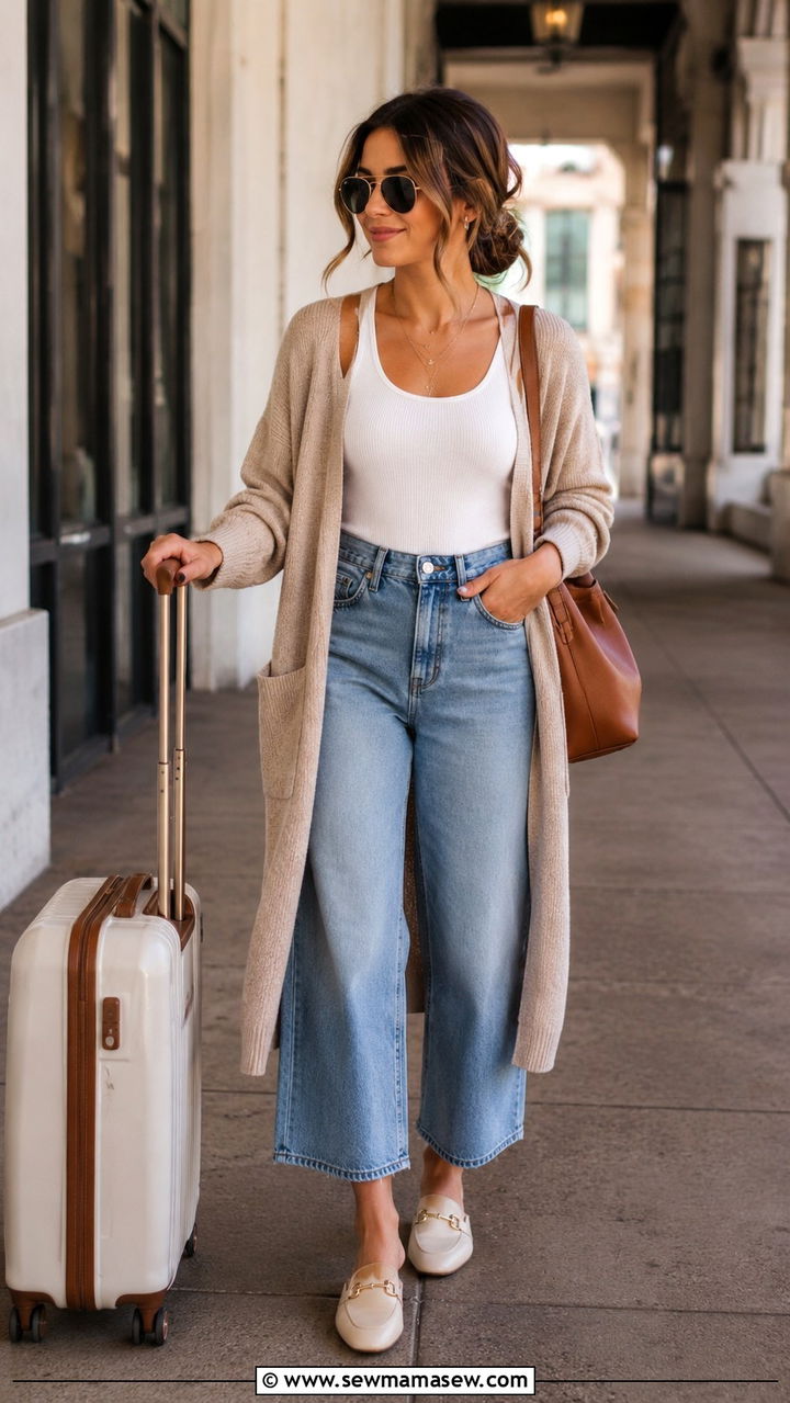 Long cardigan and wide leg denim casual travel outfit - 25 Petite travel outfit ideas
