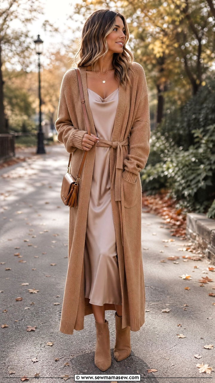 Long cardigan layered over a slip dress with ankle boots - 35 elegant outfits for women