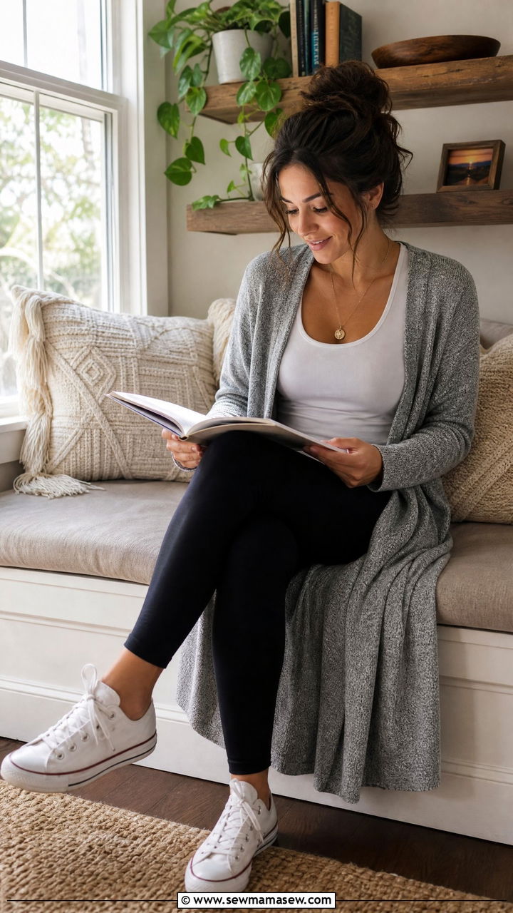 Long cardigan layered over tank outfit - 35 Loungewear outfit ideas for work from home