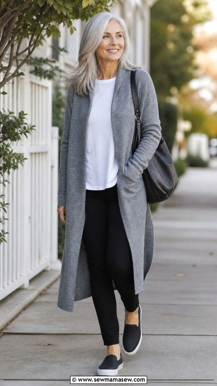 Long cardigan layered over tee with slim pants outfit over 60 - 40 How to dress in your 60s