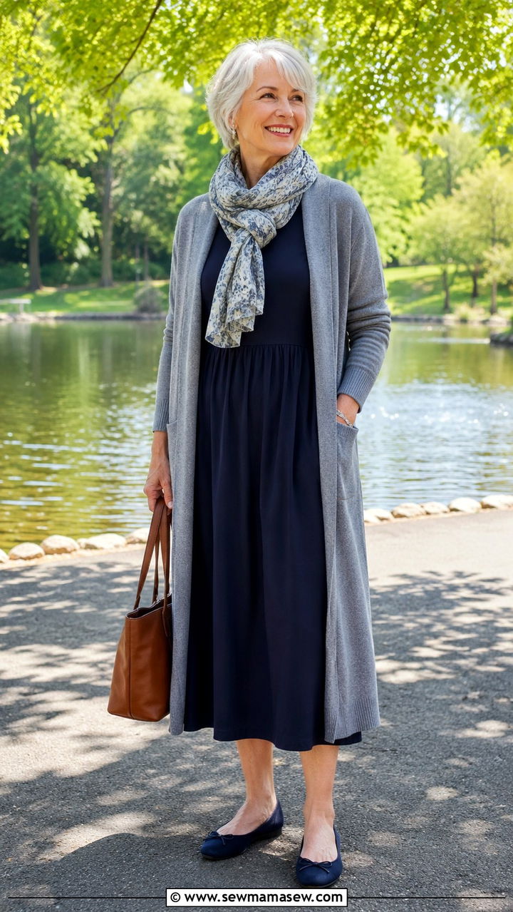 Long cardigan over a midi dress - 25 Modest outfits for women over 60