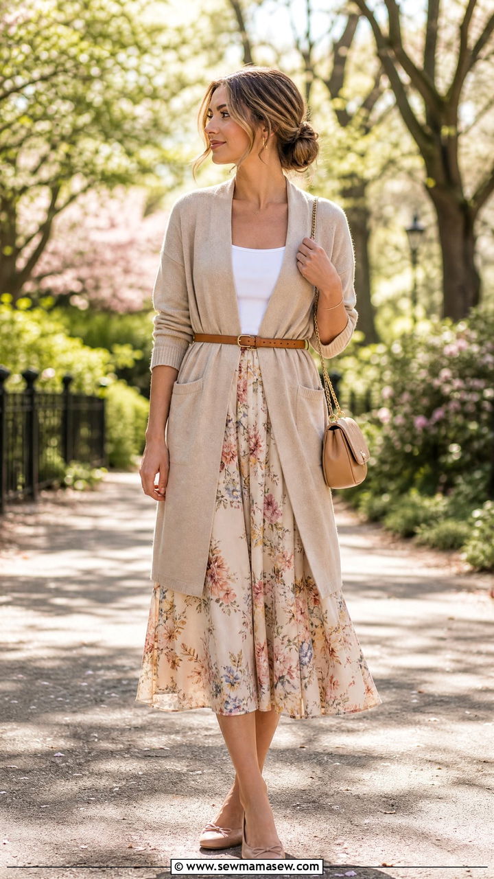 Long cardigan over a midi skirt with a thin belt - 30 How to style a belt