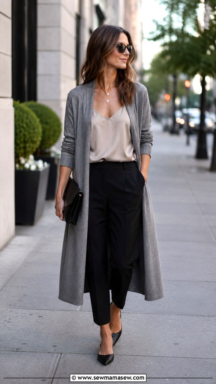 Long cardigan over a silk camisole and tailored trousers - 30 Sweater outfit ideas for work