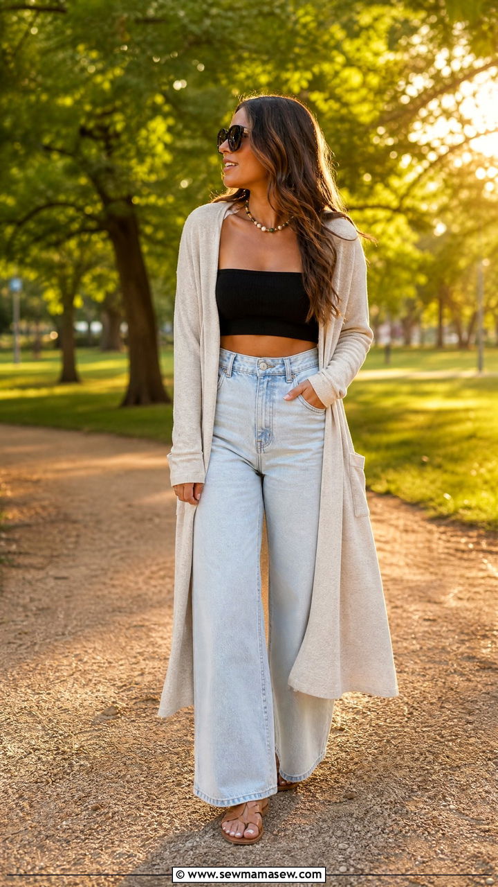 Long cardigan over bandeau top with wide leg jeans - 30 summer to fall outfits for women