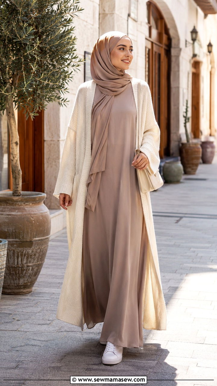 Long cardigan over maxi dress - 30 Modest outfit ideas for Ramadan