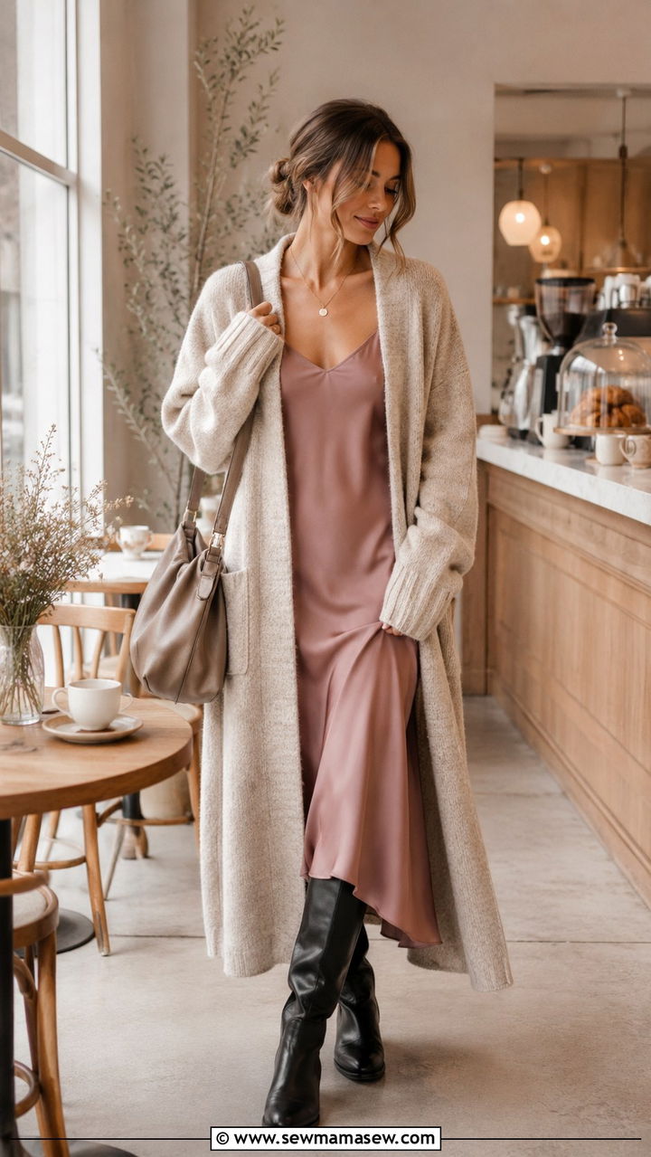 Long cardigan over slip dress with knee high boots - 25 Scandinavian cozy outfit ideas
